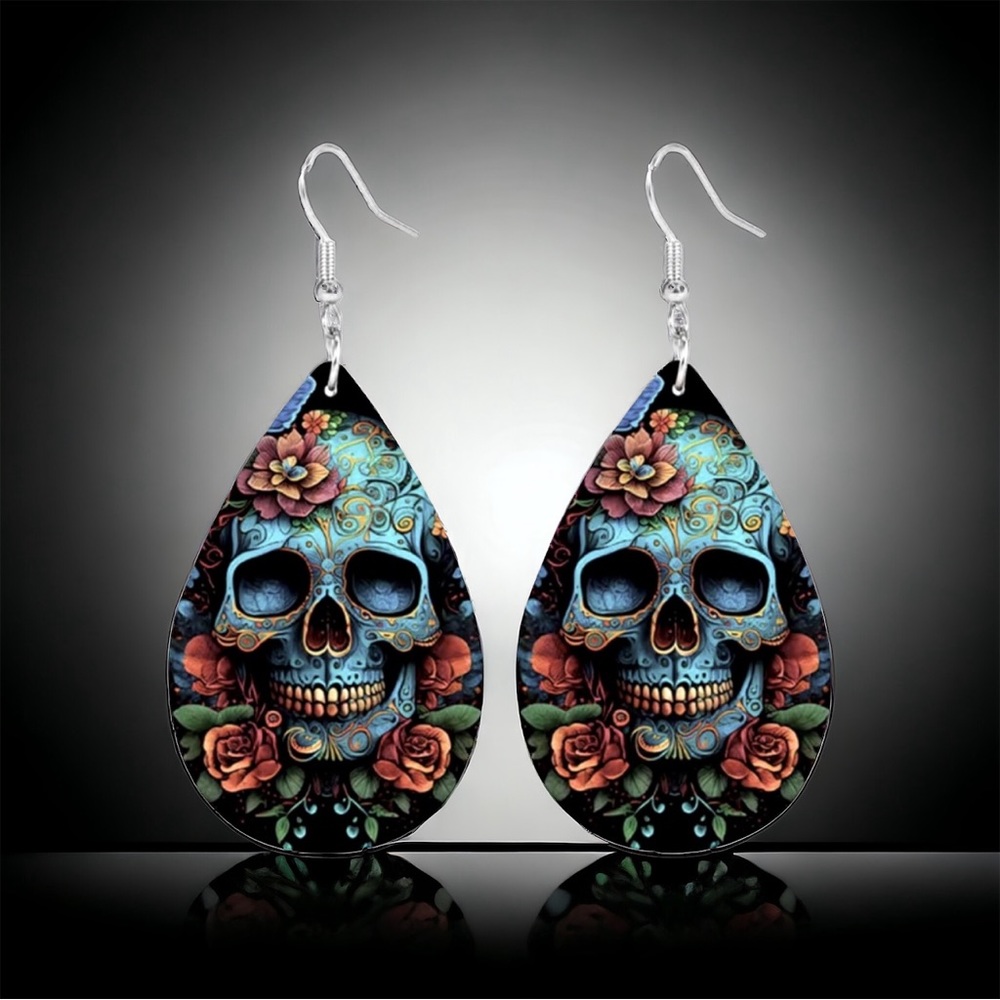 Gorgeous Blue Skull with‎ Flower Print Teardrop Dangle Halloween Earrings Gothic